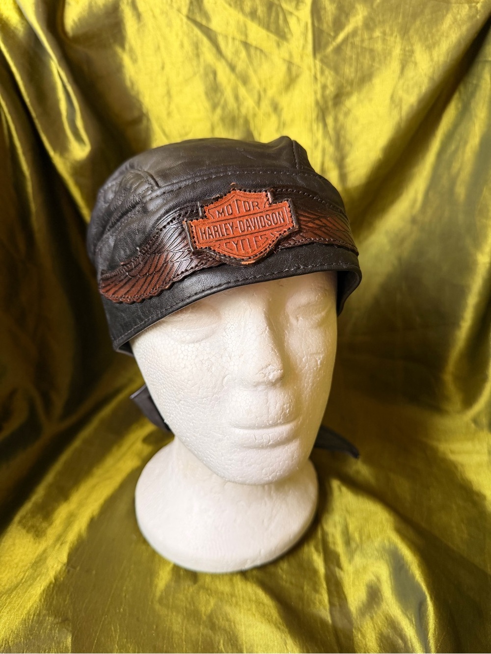 Harley-Davidson Black Leather Skull Cap with Brown Wing Patch